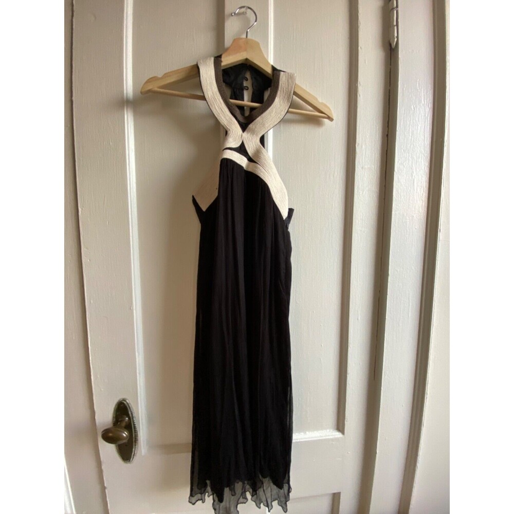 Kookai silky textured viscose dress, embroidery detailing, halter, backless Y2K